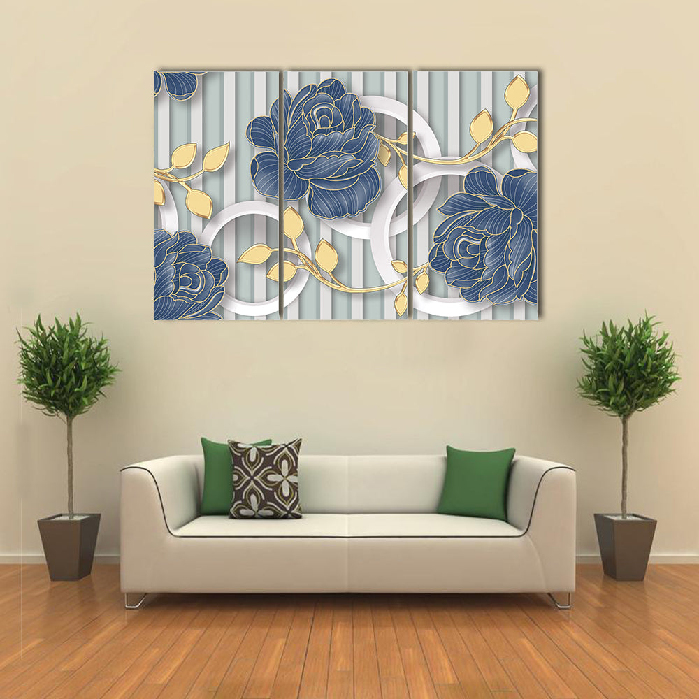 Abstract Blue Roses with Gold Leaves and Rings Canvas Wall Art