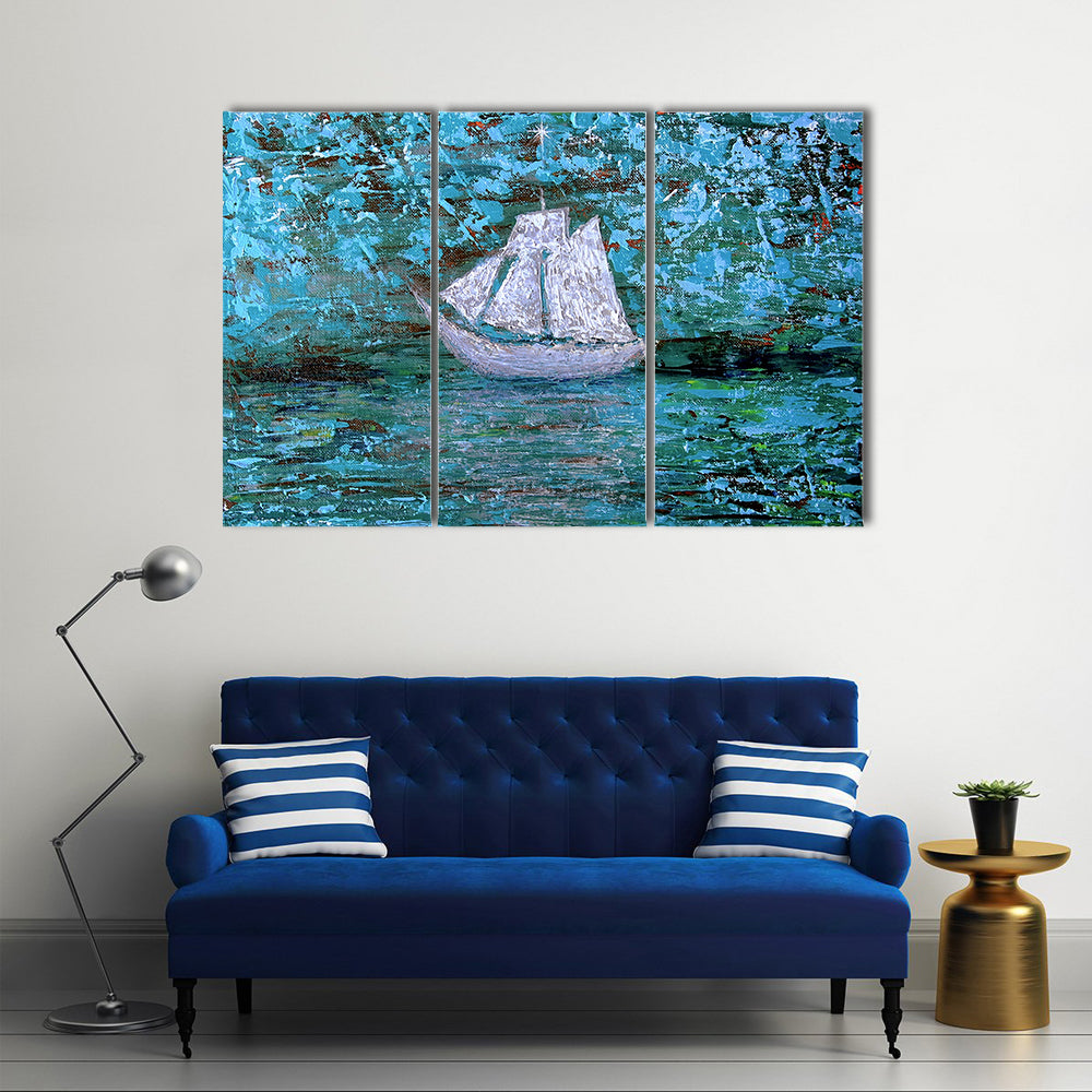 White Three-masted Sailboat at Twilight Canvas Wall Art