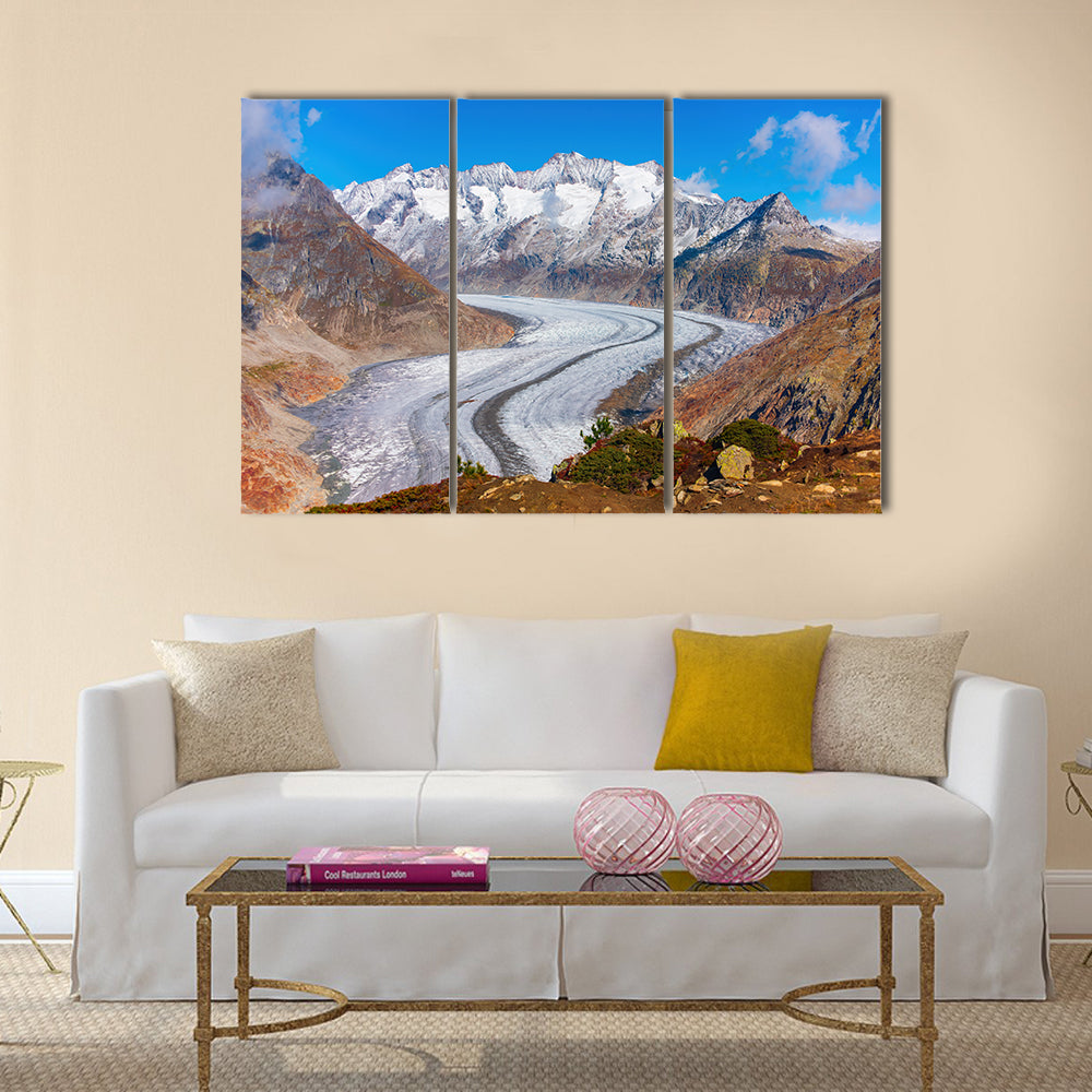 Great Aletsch Glacier, Swiss Alps Canvas Wall Art in white, brown and blue, 3 panel horizontal set hung on a wall