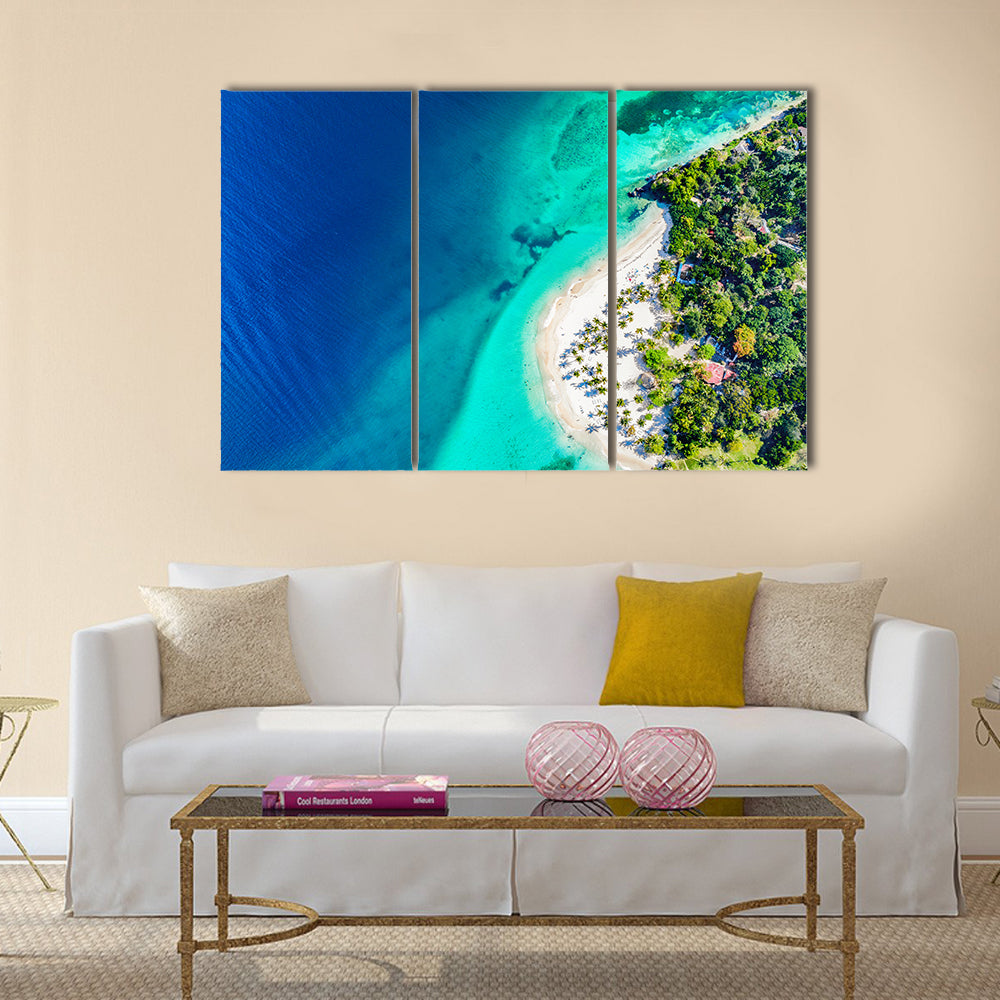 Bacardi Island, Dominican Republic Canvas Wall Art in white, green and blue, 3 panel horizontal set hung on a wall