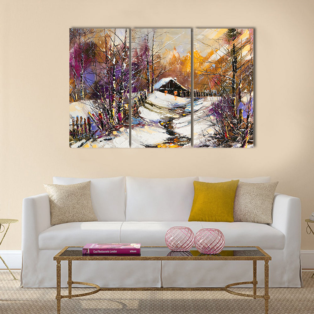 Rural Winter Landscape with Cabin Canvas Wall Art