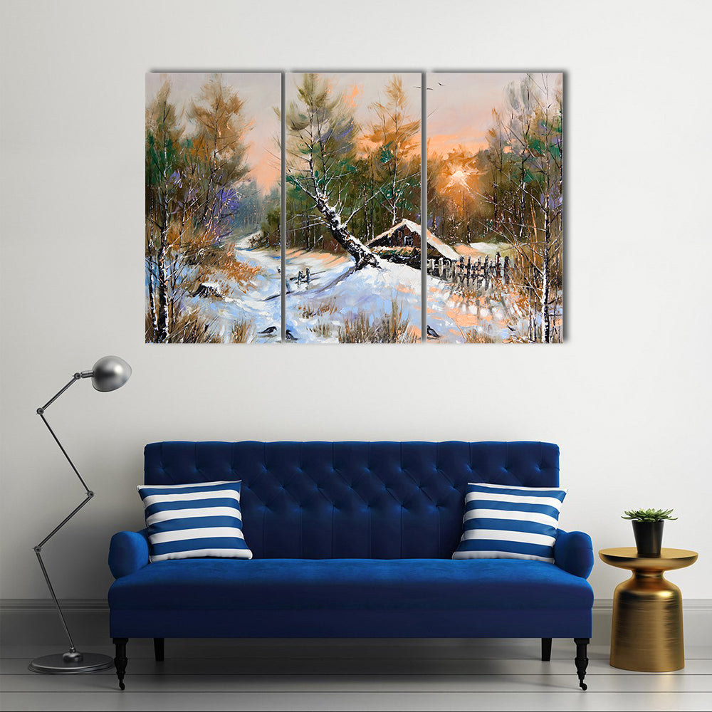 Snowy Cabin in Winter Forest Canvas Wall Art