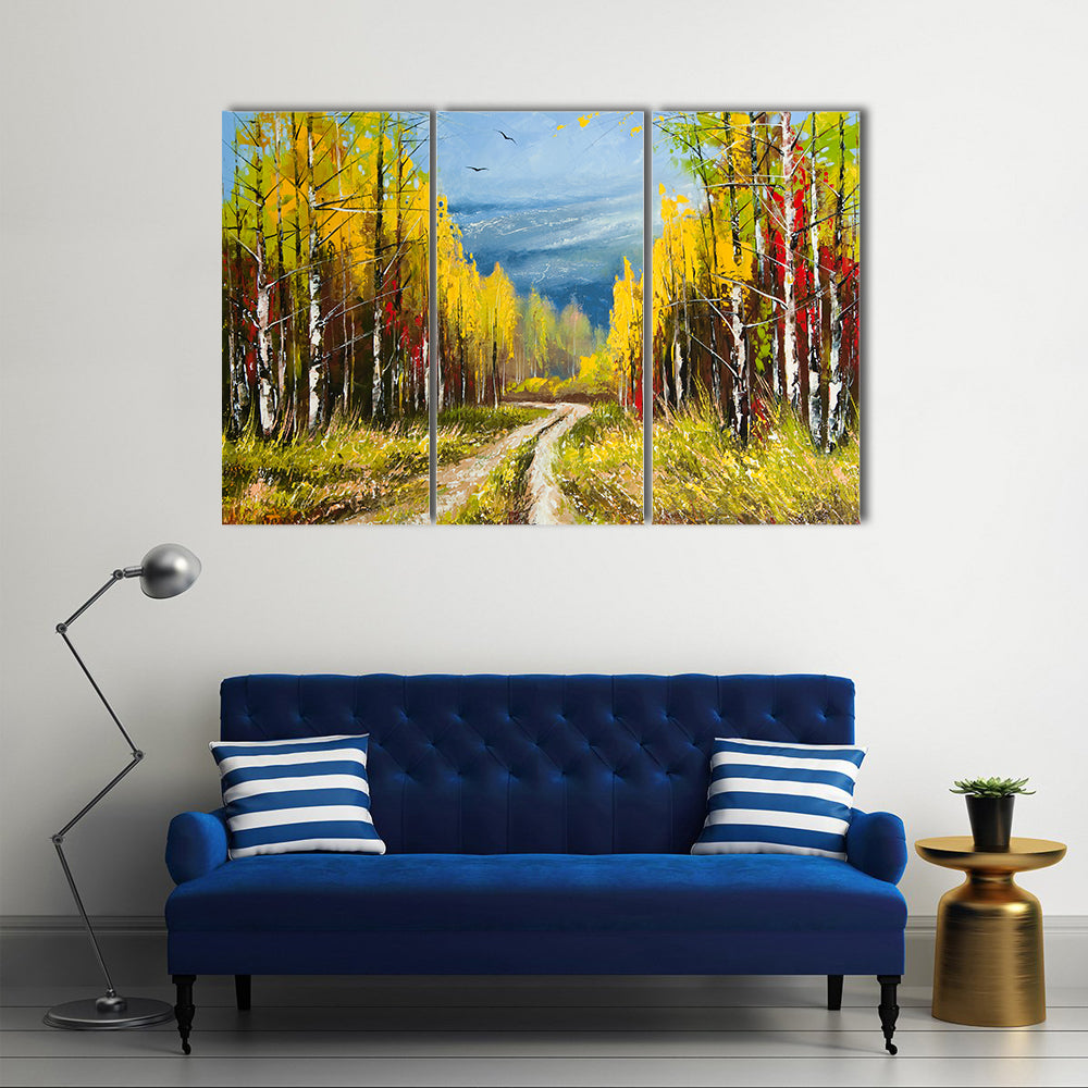 Autumn Forest Path with Birch Trees Canvas Wall Art in yellow, green and blue, 3 panel horizontal set hung on a wall