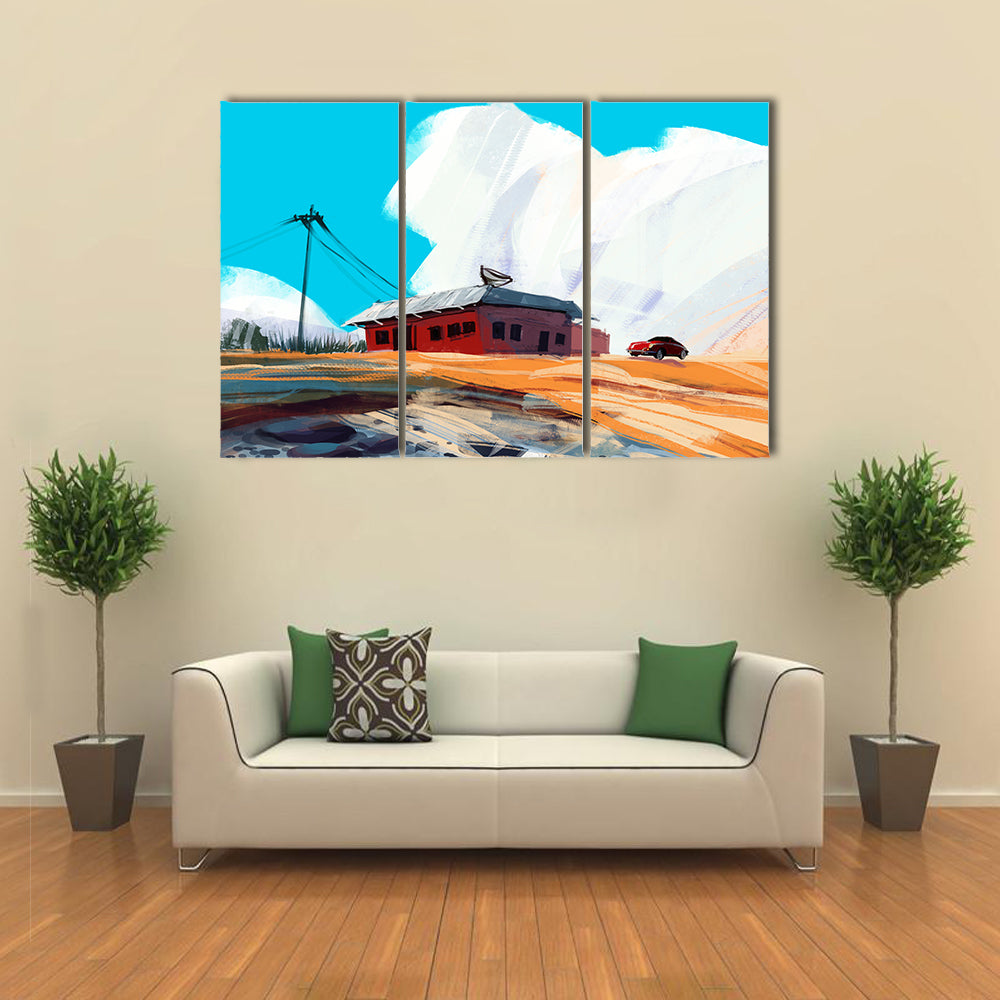 Red House and Vintage Car in Desert Canvas Wall Art