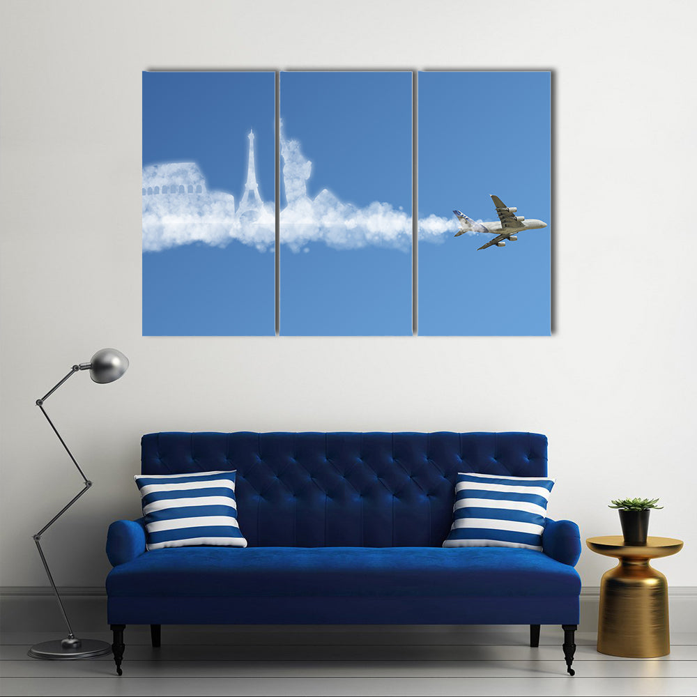 Commercial Jet with Landmark Smoke Trail Canvas Wall Art in white and blue, framed canvas, product view on a white background