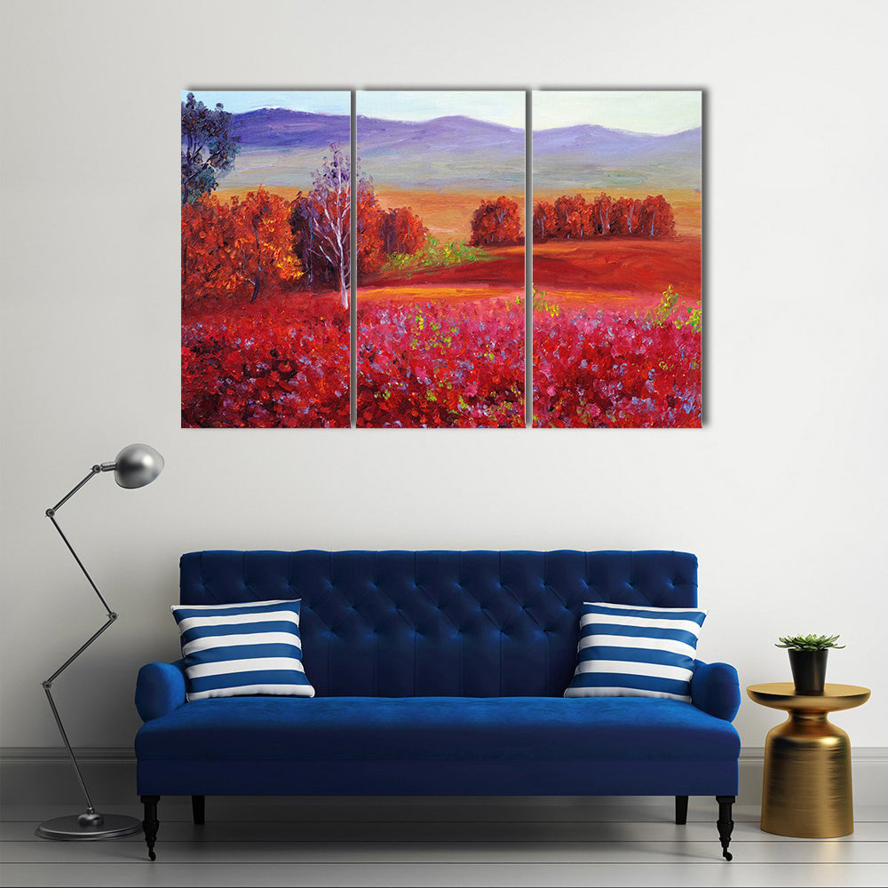 Red Flower Field with White Birch Canvas Wall Art