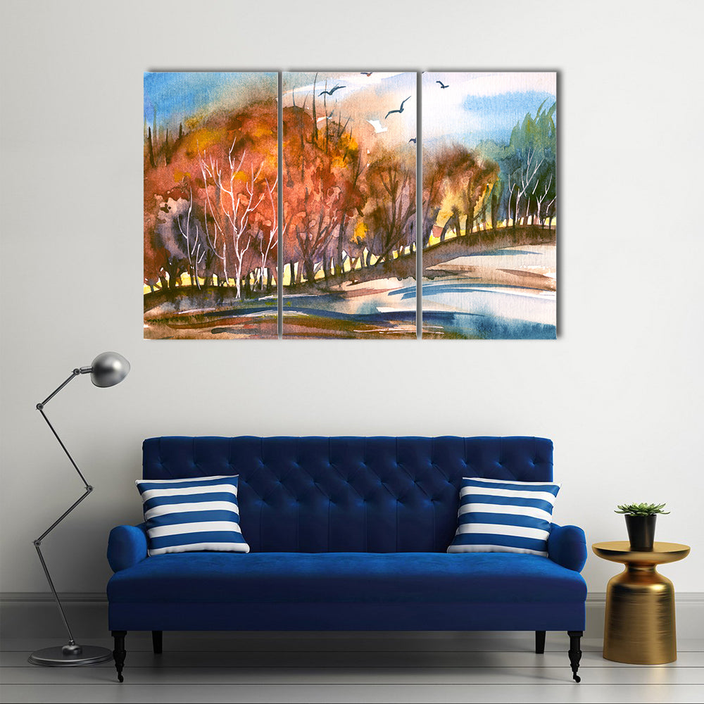 Autumn Lakeside Tree Line Canvas Wall Art