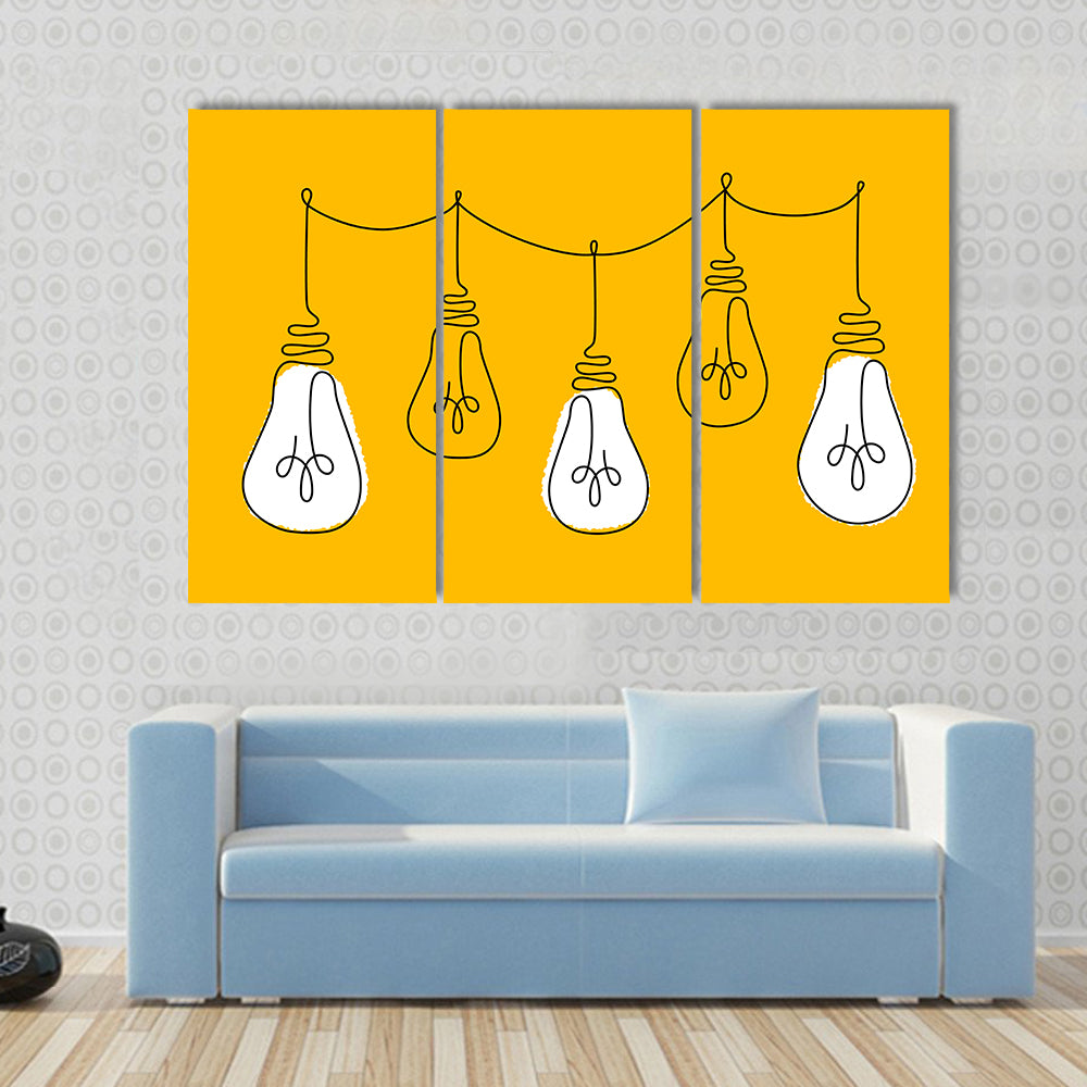 Five Light Bulbs Line on Yellow Canvas Wall Art