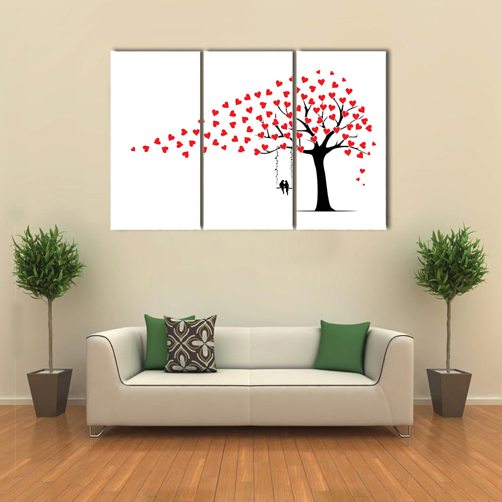 Tree with Heart Leaves and Couple on Swing Canvas Wall Art