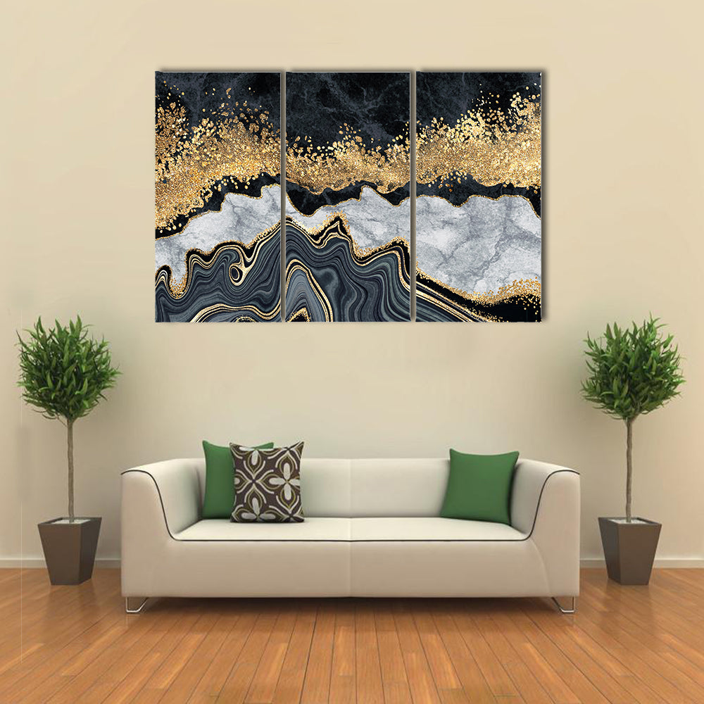 Gold-accented Black and White Marble Abstract Canvas Wall Art