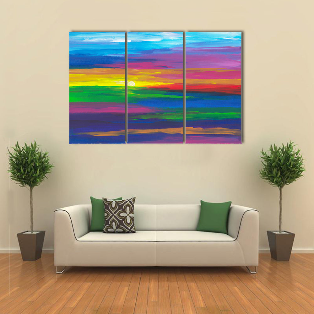 Abstract Sunset Landscape with Impasto Sun Canvas Wall Art