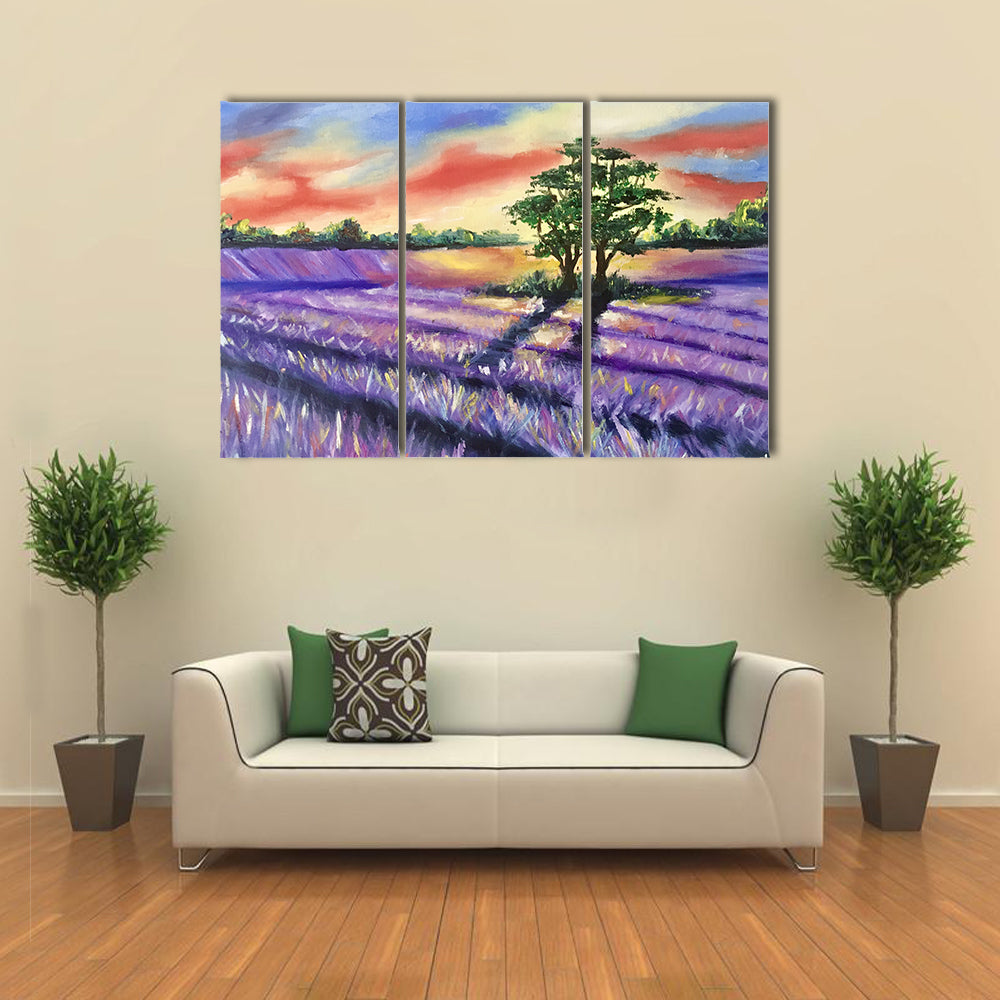 Lavender Field at Golden Sunset Canvas Wall Art