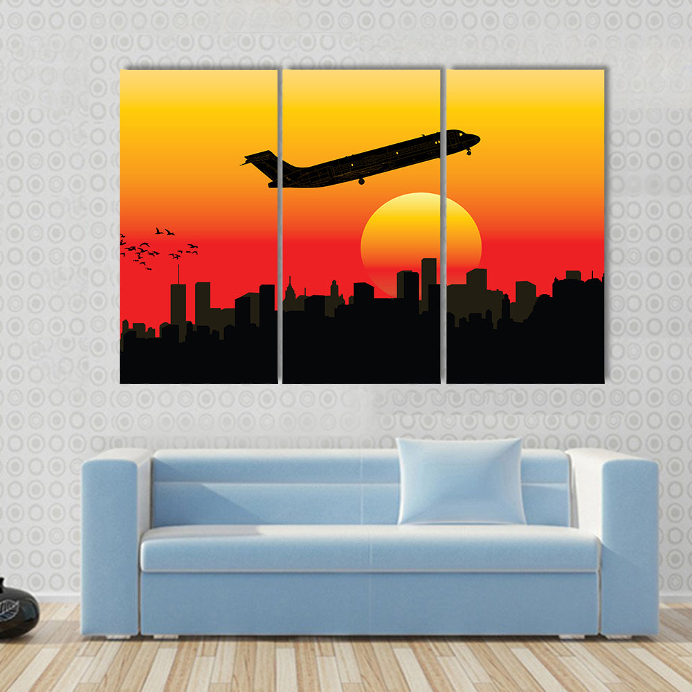 Passenger Jet Silhouette at Sunset Canvas Wall Art