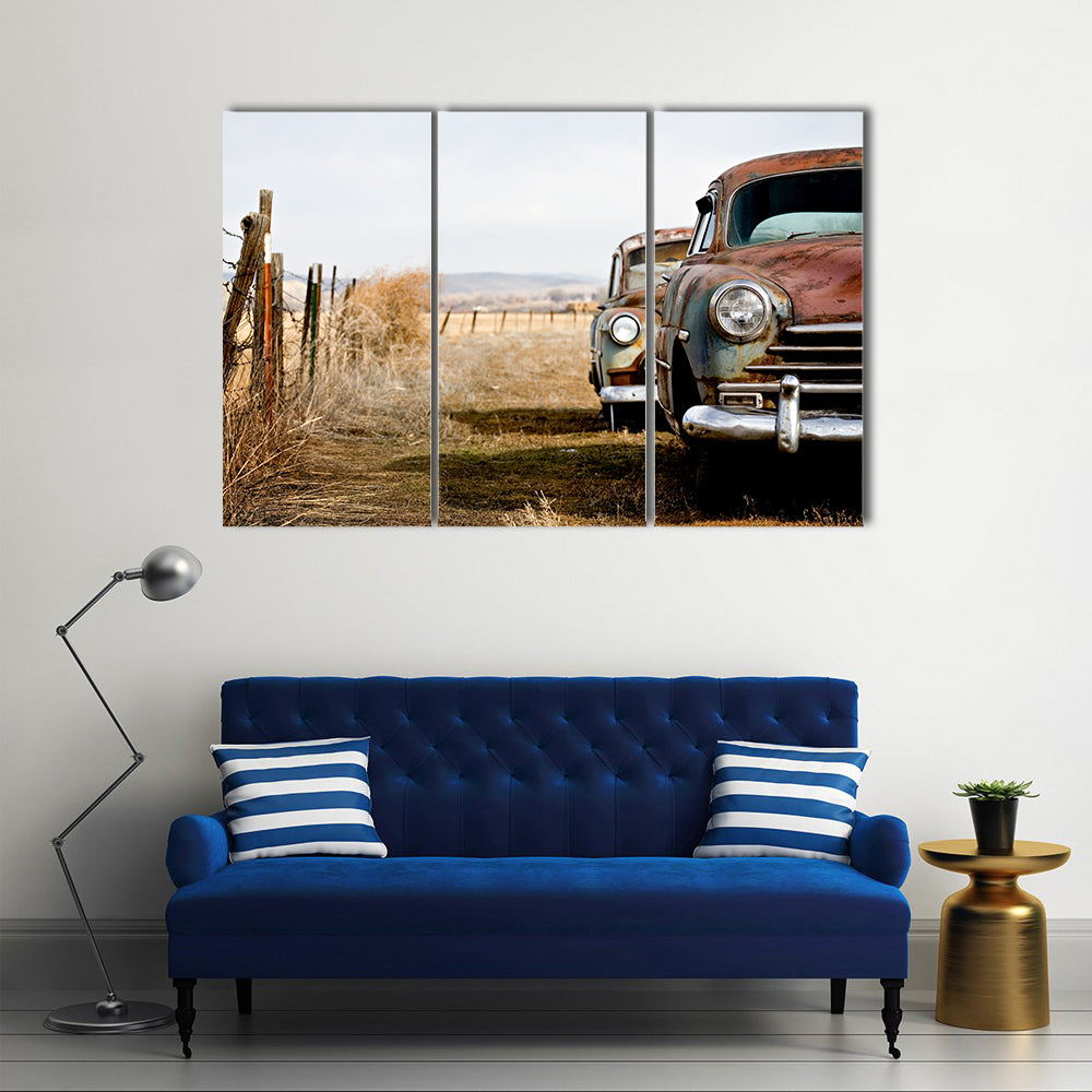 Rusty Vintage Cars in Rural Field Canvas Wall Art