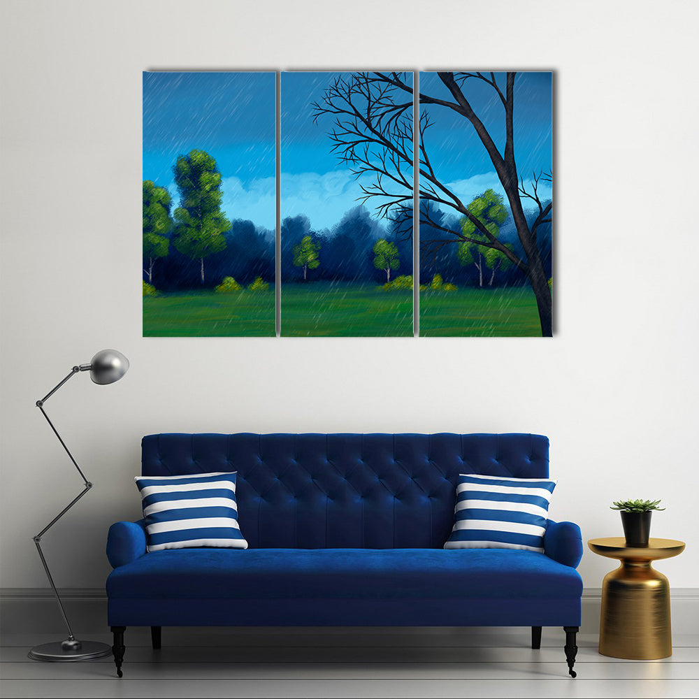 Rainy Green Field with Bare-branched Tree Canvas Wall Art