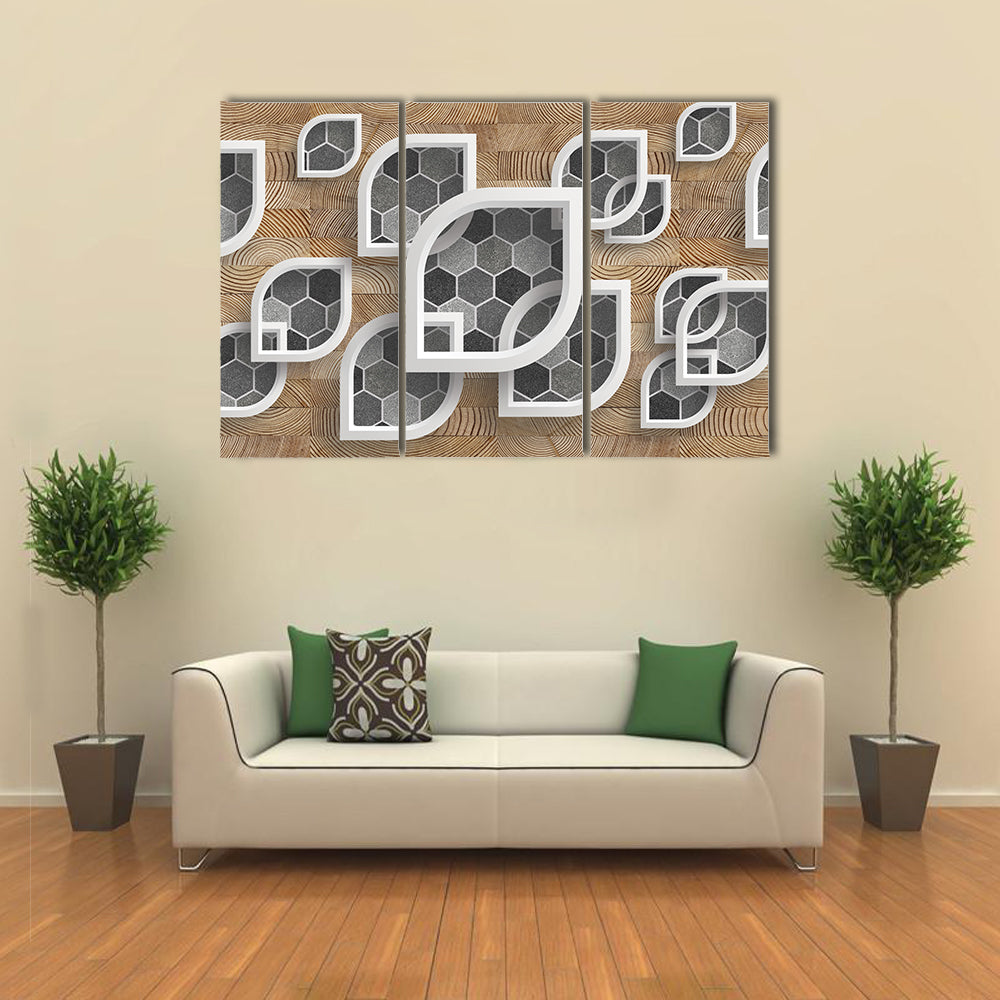 Layered Geometric Leaves with Wood Grain Canvas Wall Art