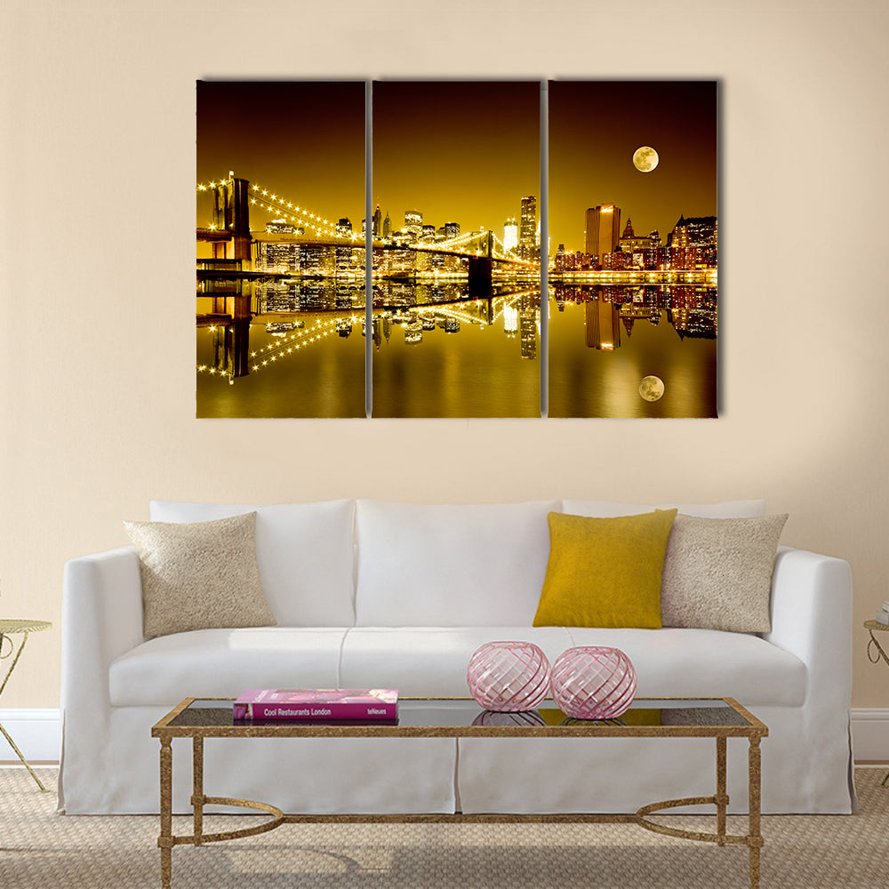 Moonlit Brooklyn Bridge and Lower Manhattan Canvas Wall Art