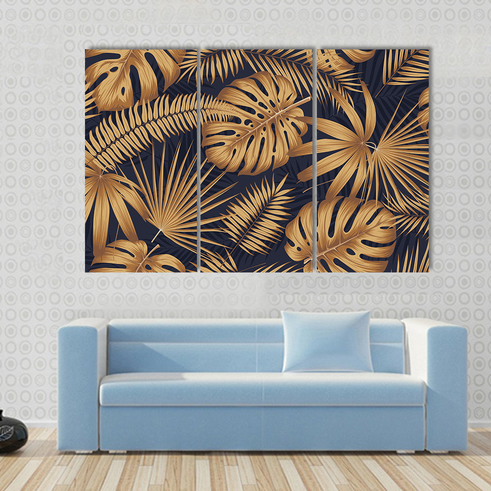 Golden Monstera and Palm Leaves Canvas Wall Art