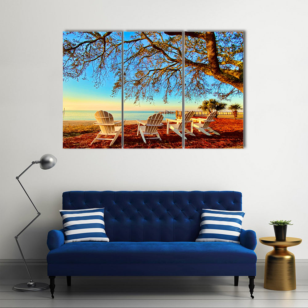 Four White Adirondack Chairs at Sunset Canvas Wall Art