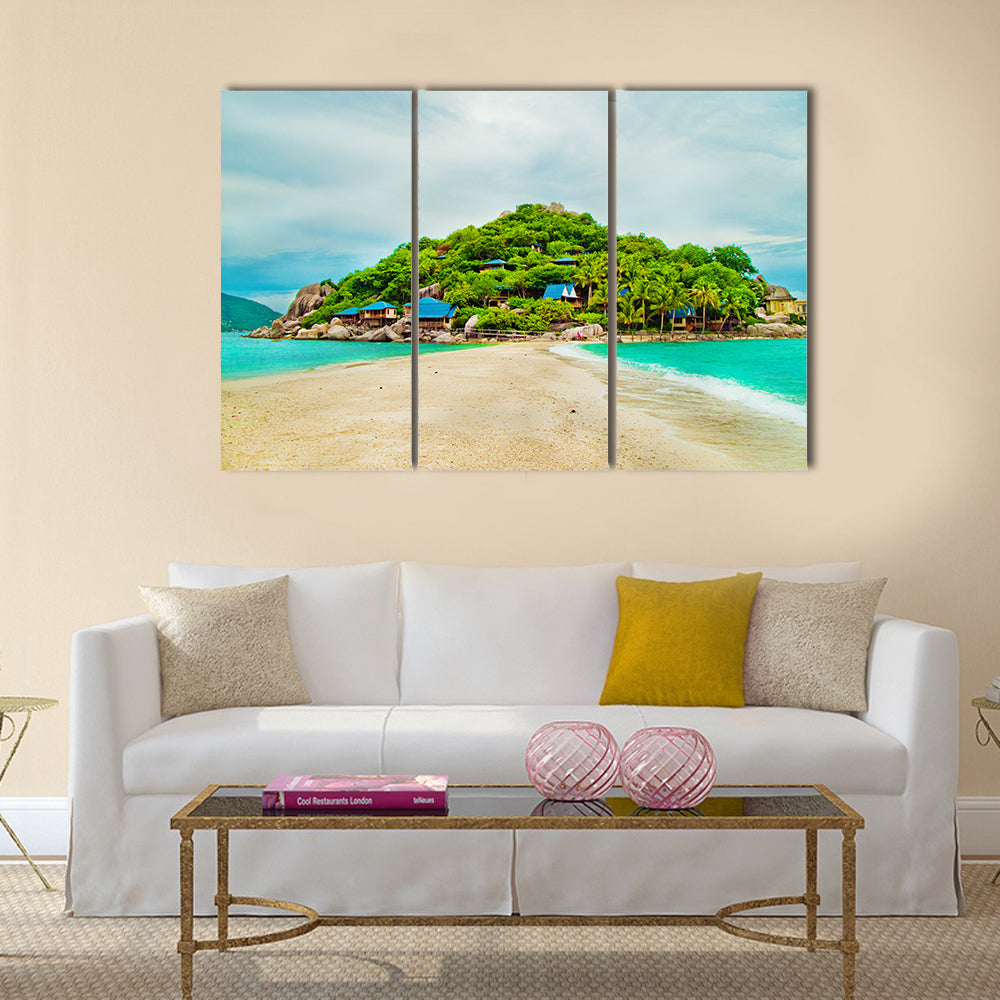 Tropical Island Beach in Thailand Canvas Wall Art in beige, green and blue, 3 panel horizontal set hung on a wall
