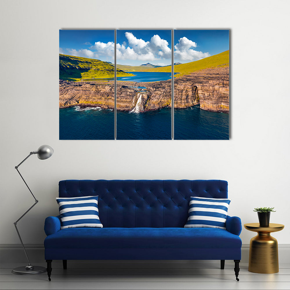 Bosdalafossur Waterfall And Sorvagsvatn Lake In Denmark Canvas Wall Art