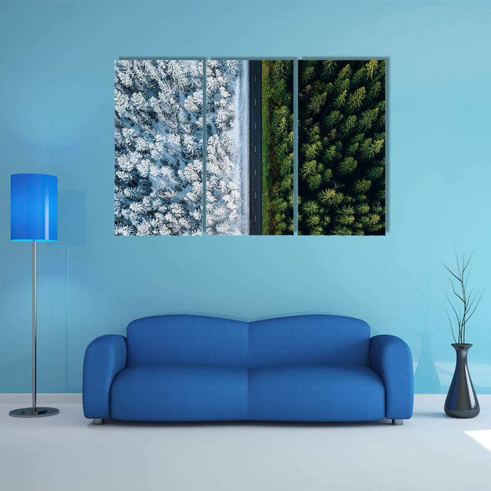 Highway Road Through Forest In Summer And Winter Canvas Wall Art