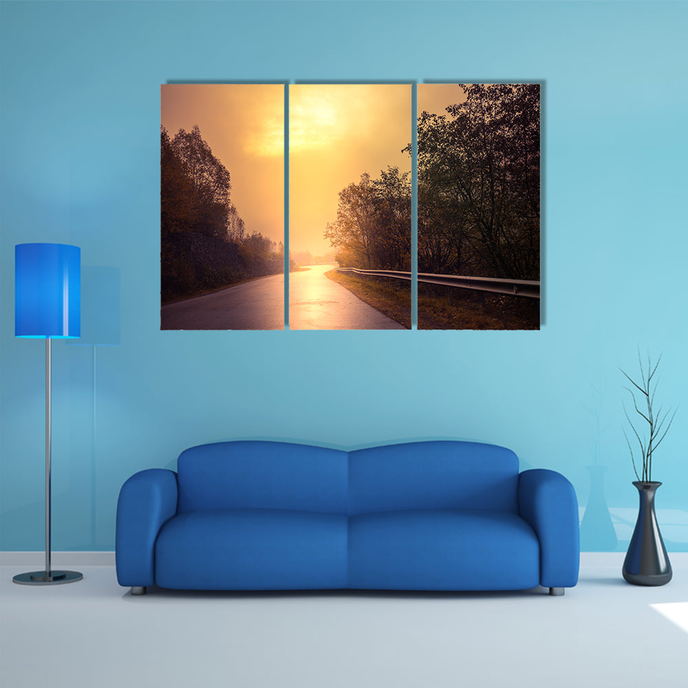 Windy Road Among The Forest At Sunset Canvas Wall Art