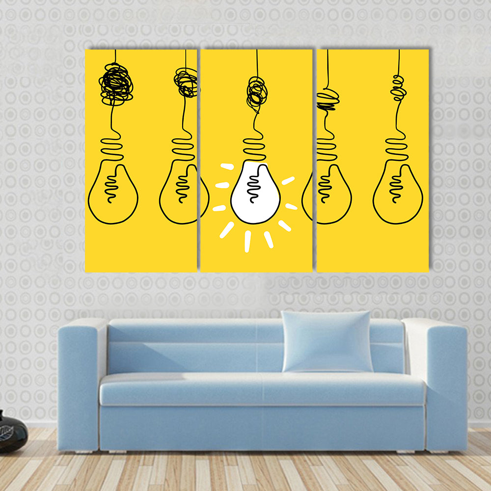Four Lightbulbs Technology Concept Canvas Wall Art in black, white and yellow, framed canvas, product view on a white background
