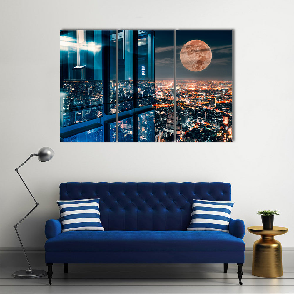 Bangkok Night Skyline with Full Moon Canvas Wall Art