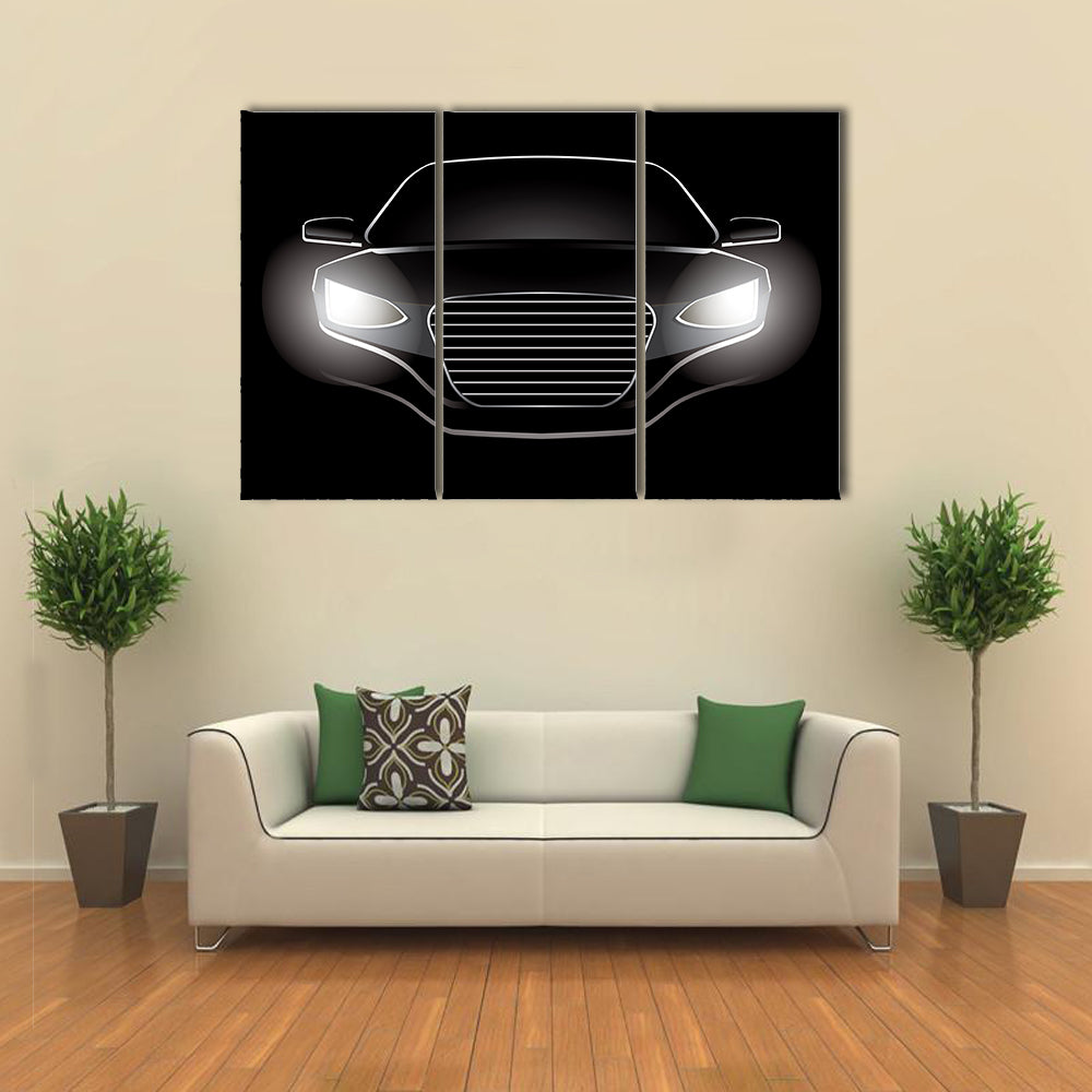 Black Car Silhouette with Glowing Headlights Canvas Wall Art