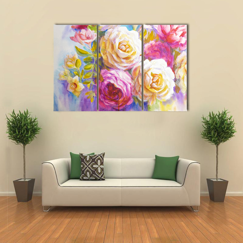 Sketch Of Peonies And Roses Bouquet Canvas Wall Art