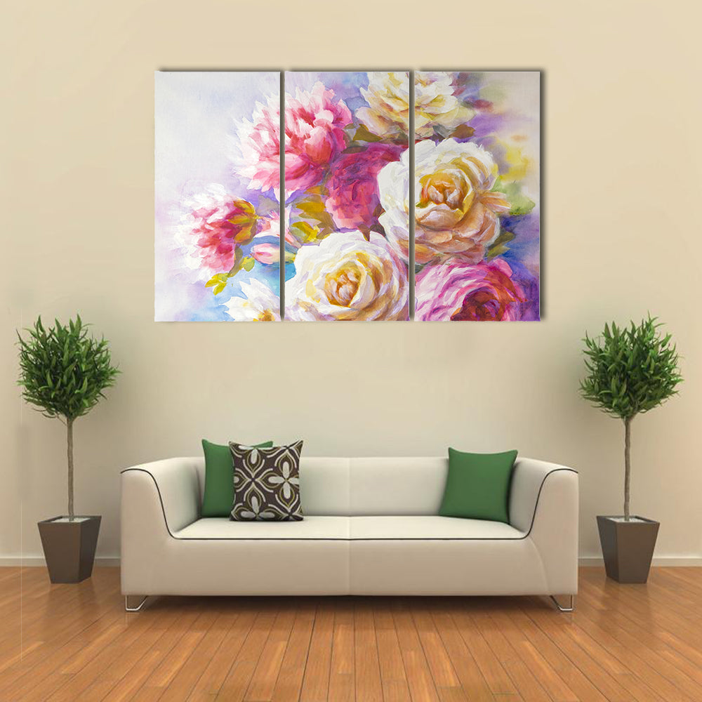Watercolor Roses And Peonies Sketch Canvas Wall Art