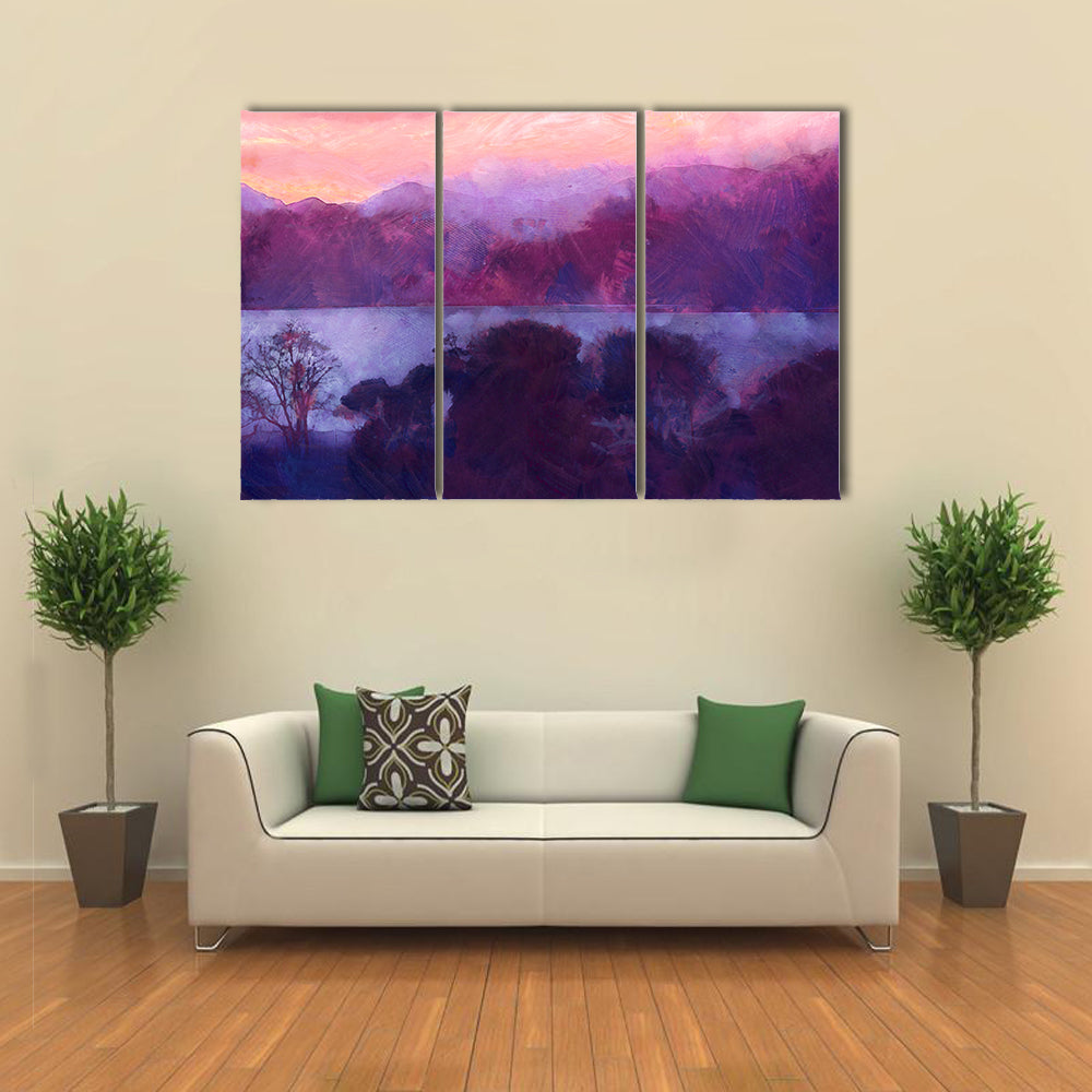 Purple Dusk Over Mountain Lake Canvas Wall Art