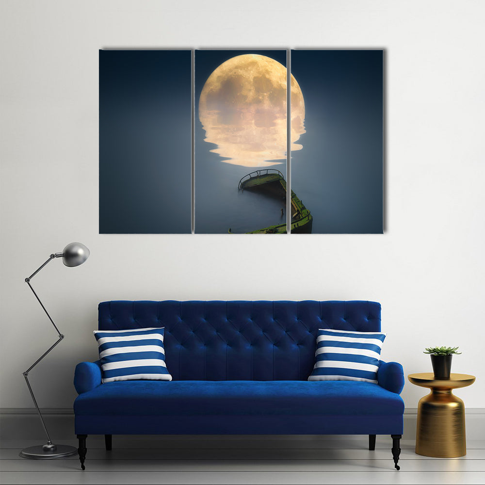 Full Moon Over Broken Ship In Sea Canvas Wall Art