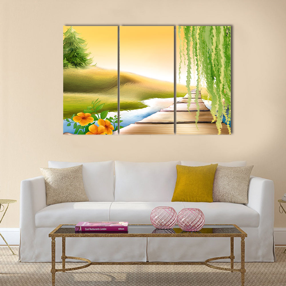 Wooden Footbridge Over Meadow Stream Canvas Wall Art