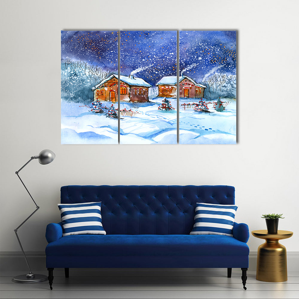 Two Winter Cottages Under Starry Night Canvas Wall Art