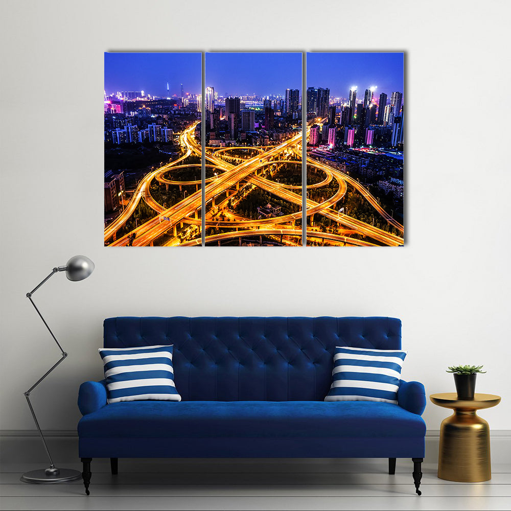 Night Traffic Interchange in Hanyang, Wuhan Canvas Wall Art