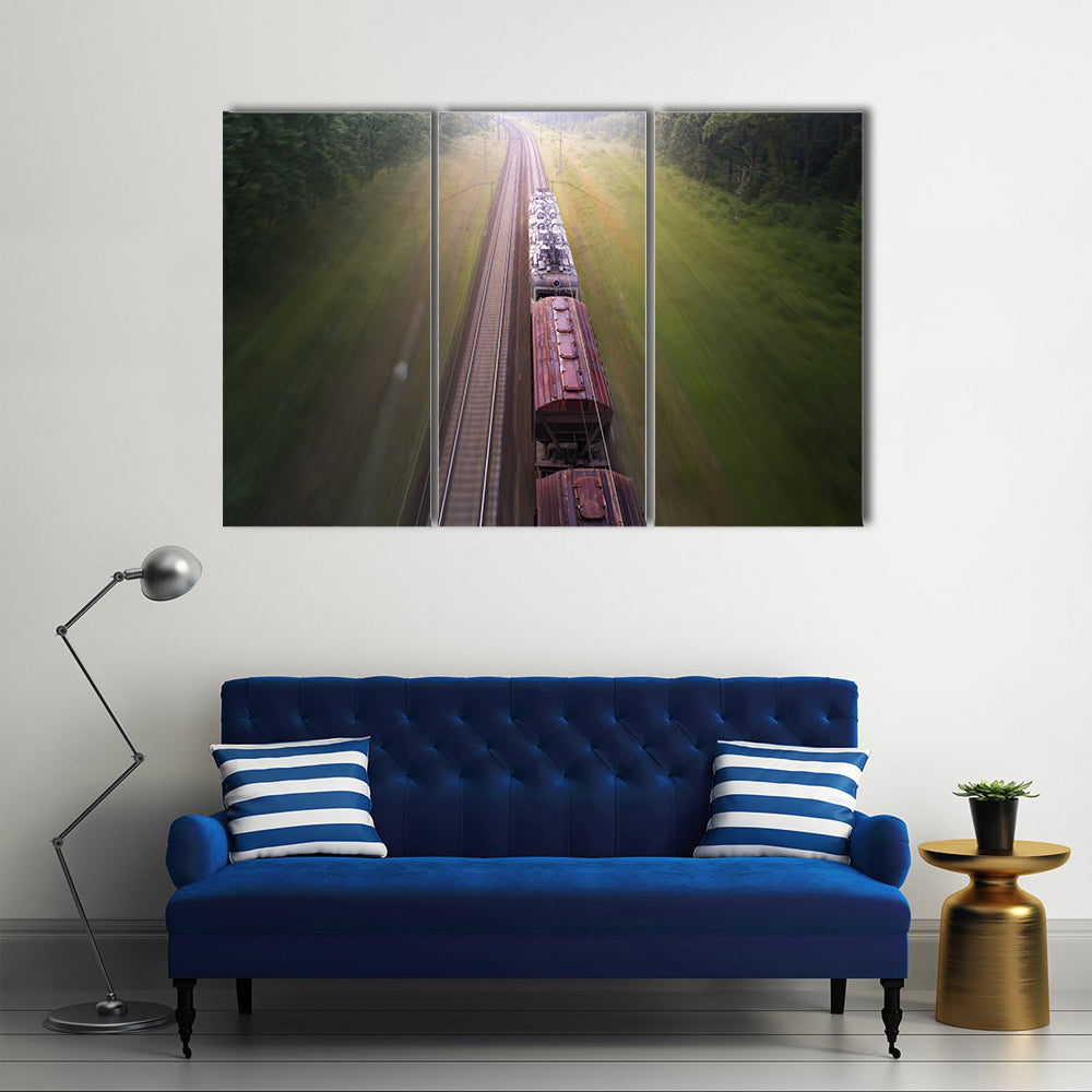 Freight Train Travels Through Foggy Forest Canvas Wall Art