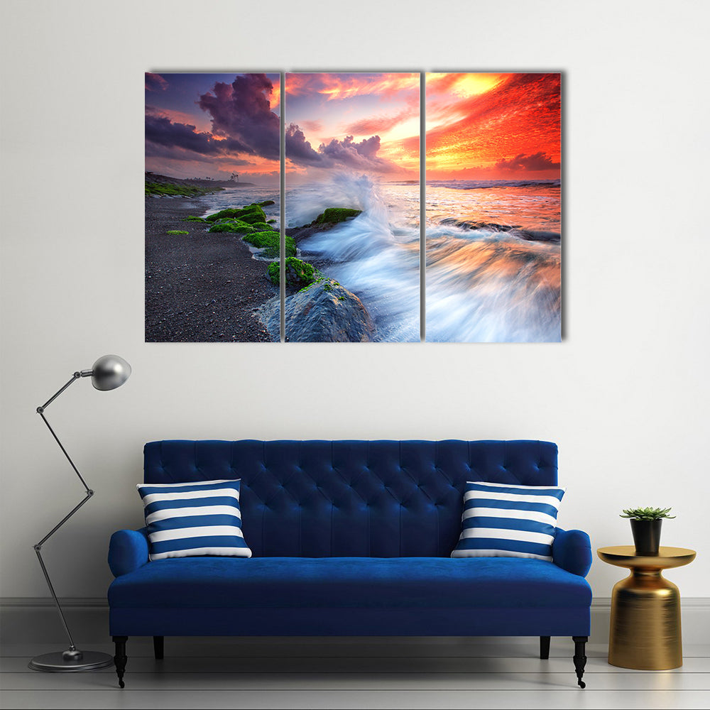 Burning Sky Over Black Sand Beach Canvas Wall Art