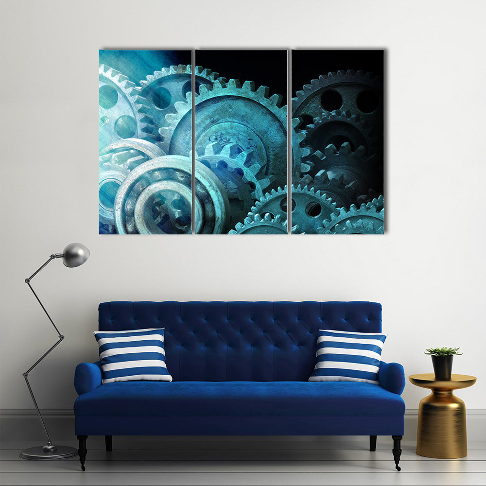 Industrial Cogs Gears Canvas Wall Art in black, gray and blue, framed print, product view on a white background