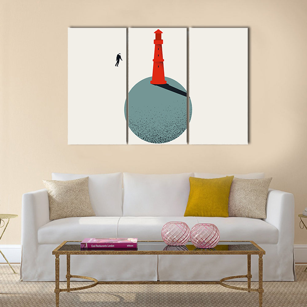 Red Lighthouse with Floating Astronaut Canvas Wall Art