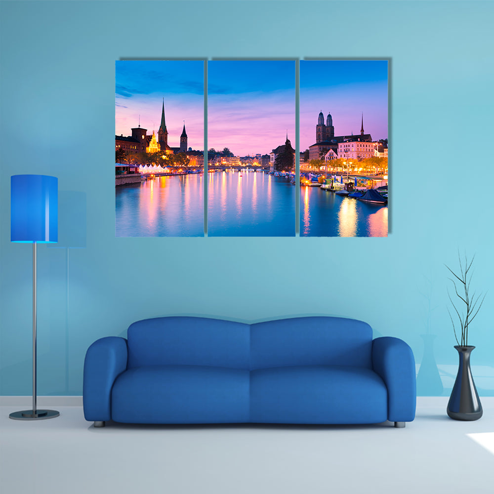 Zurich Skyline At Blue Hour In Switzerland Canvas Wall Art