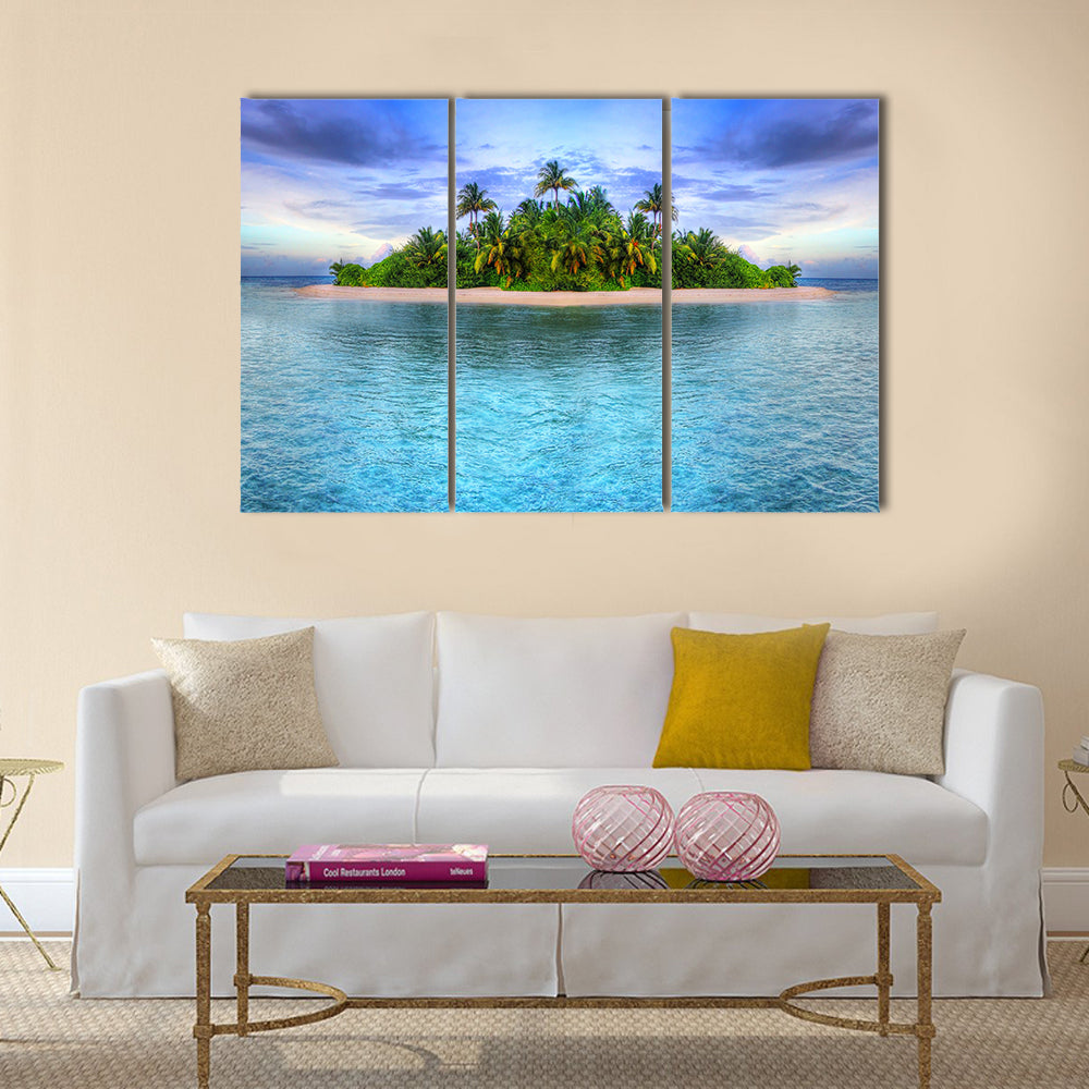 Maldives Tropical Island Canvas Wall Art in green and blue, 3 panel horizontal set hung on a wall