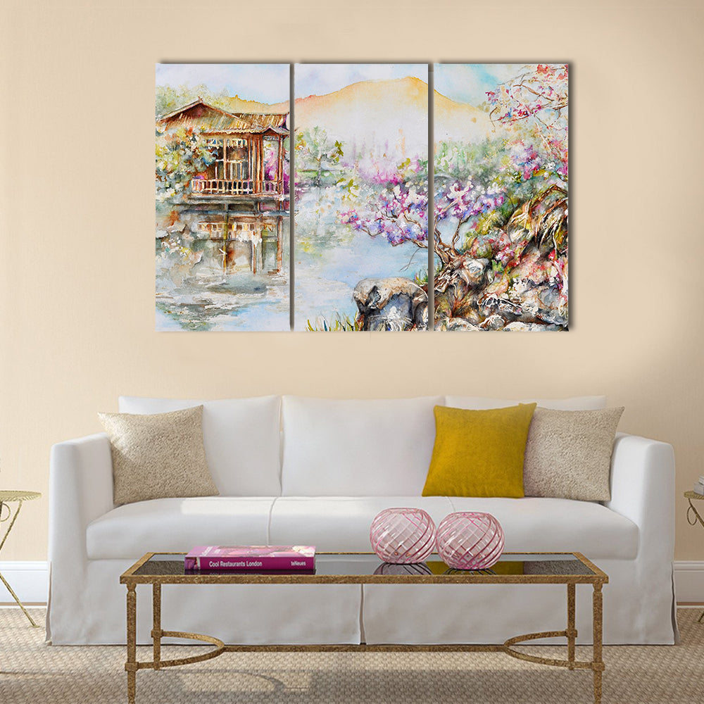 West Lake Stilt House with Pink Blossoms Canvas Wall Art