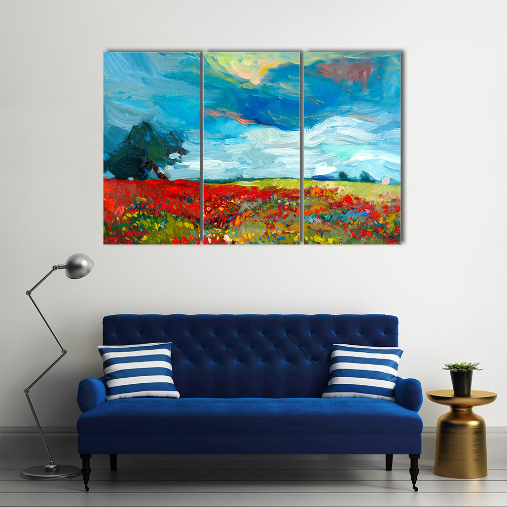 Red Poppy Field Abstract Landscape Canvas Wall Art