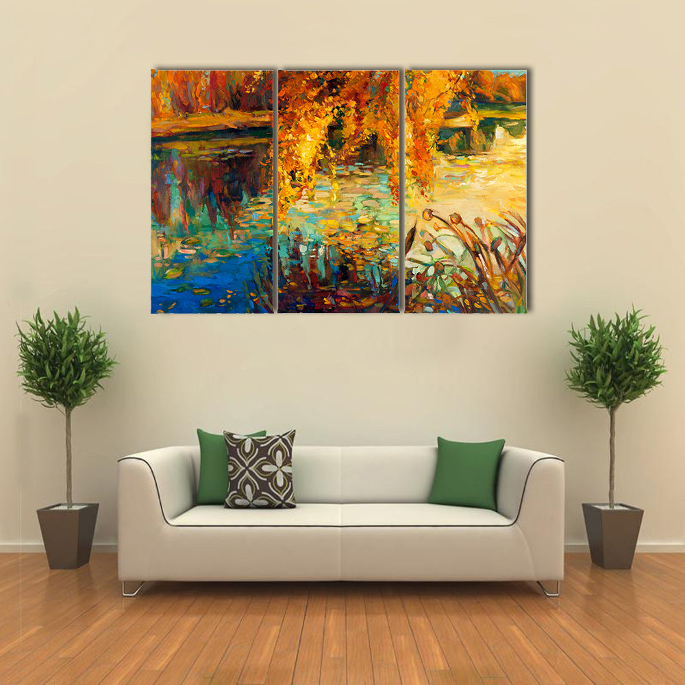Golden Willow Over Autumn Lake Canvas Wall Art