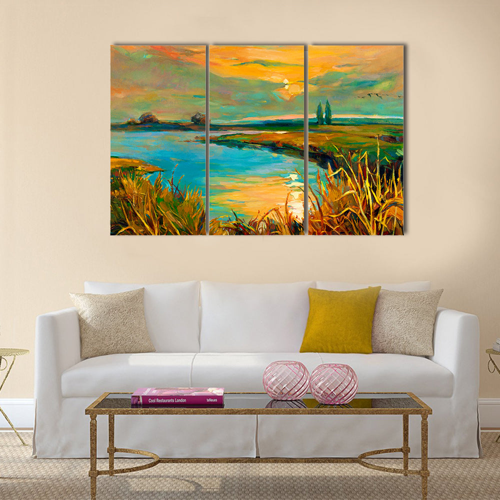 Golden Lakeside Sunset Canvas Wall Art