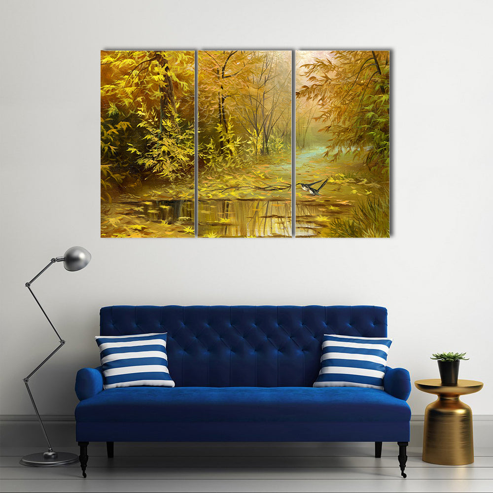Golden Autumn Forest with Reflecting Puddle Canvas Wall Art