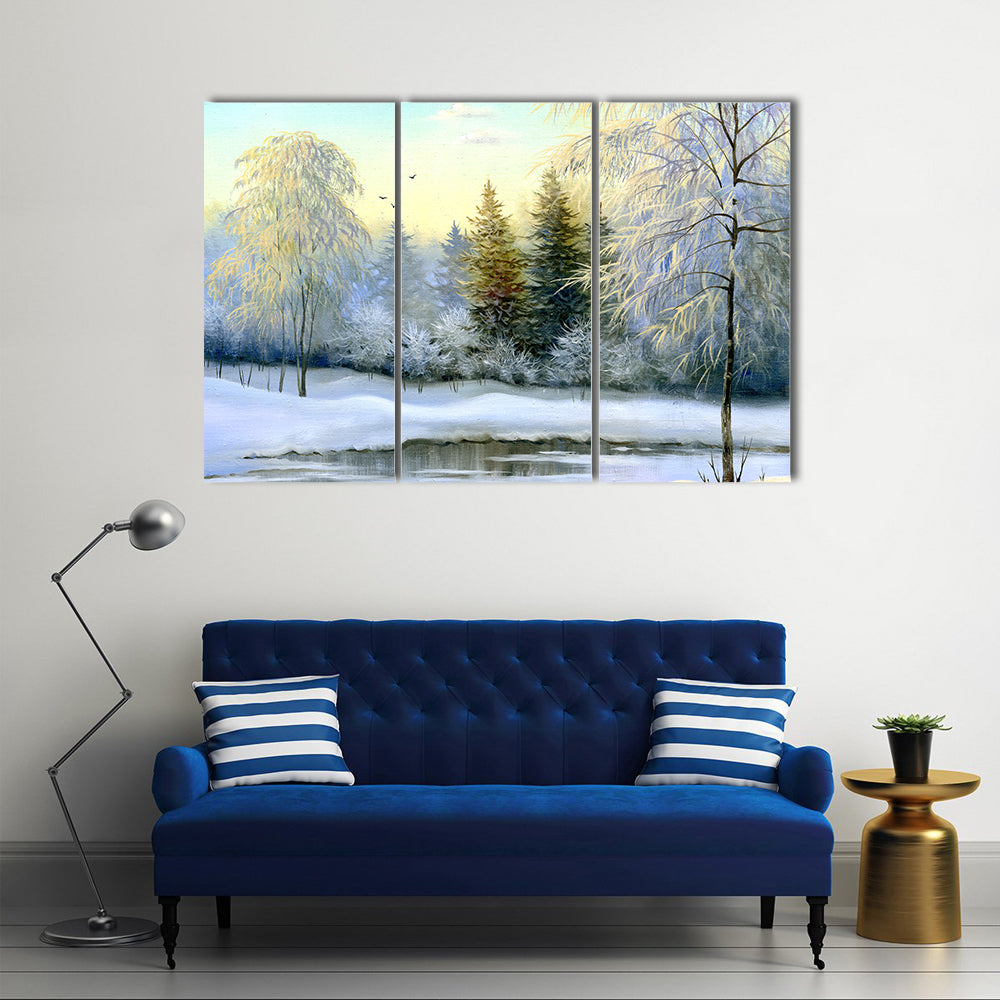 Snow-covered Forest and Frozen River Canvas Wall Art