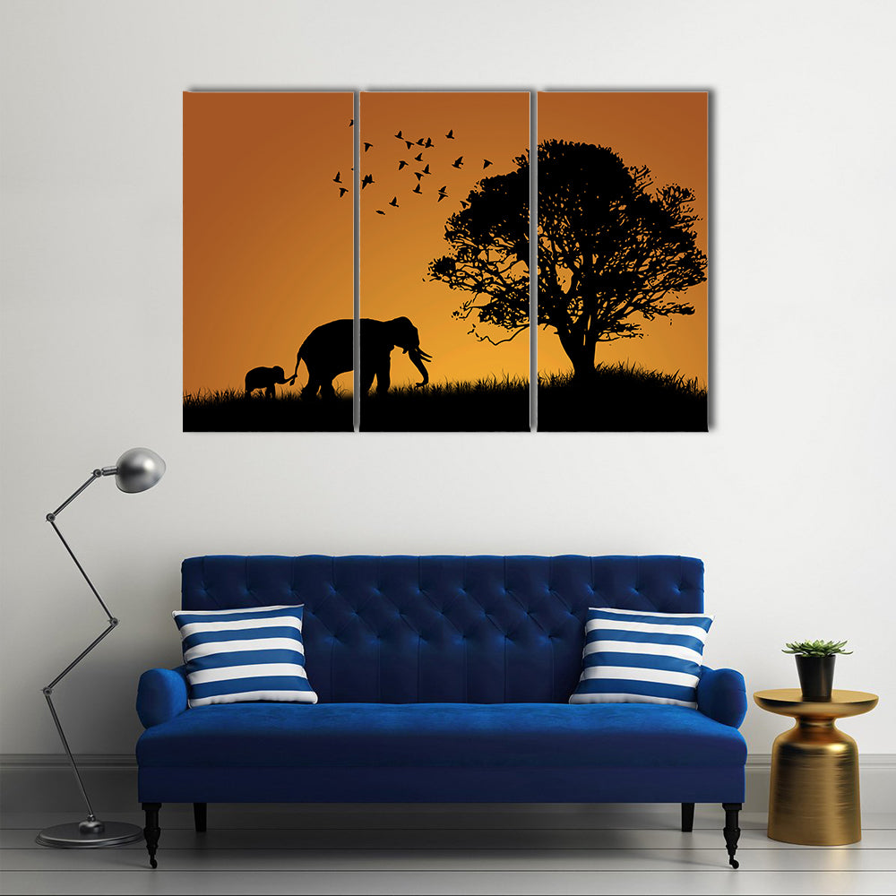 African Elephants In The Sunset Canvas Wall Art